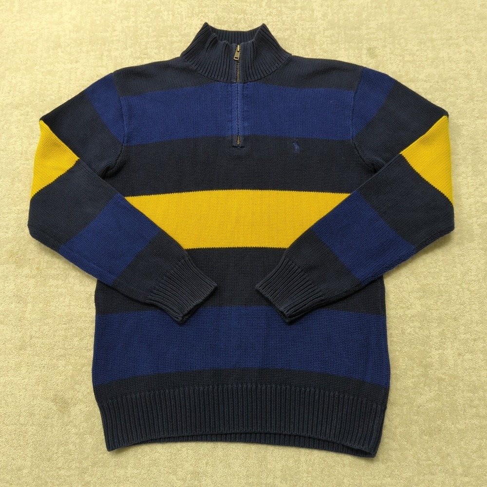Vintage Polo Ralph Lauren 1/4 Zip Sweater Boys XL Blue Yellow Striped Pony Y2K - Picture 2 of 11
